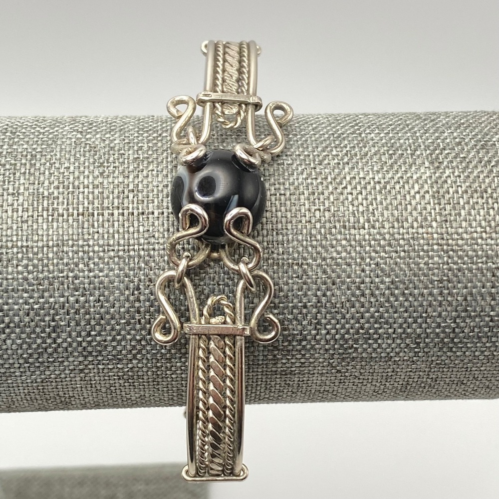 Vintage Bracelet Silver Tone Wire Wrap Artisan Black Onyx Glass Stone 7.5 Inch